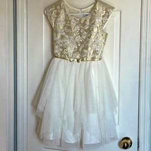 Stunning, golden, white, formal dress sparkles